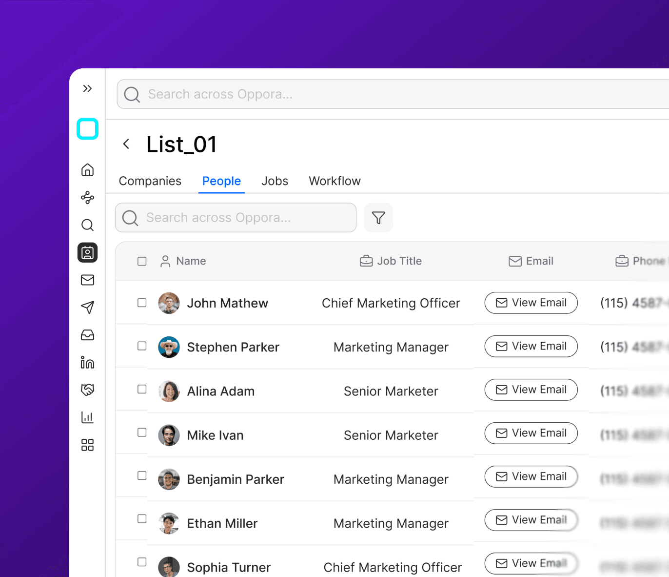 Oppora Finder People list view showing verified dentist contacts
